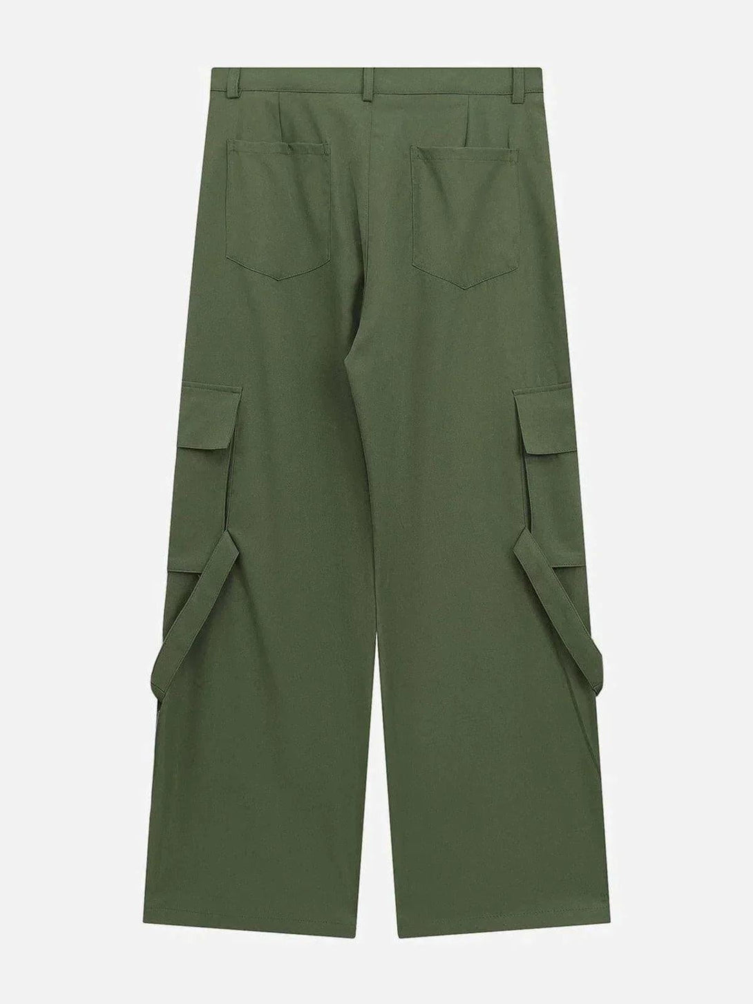 Back view of green vintage cargo pants featuring pockets and adjustable straps by TALISHKO.