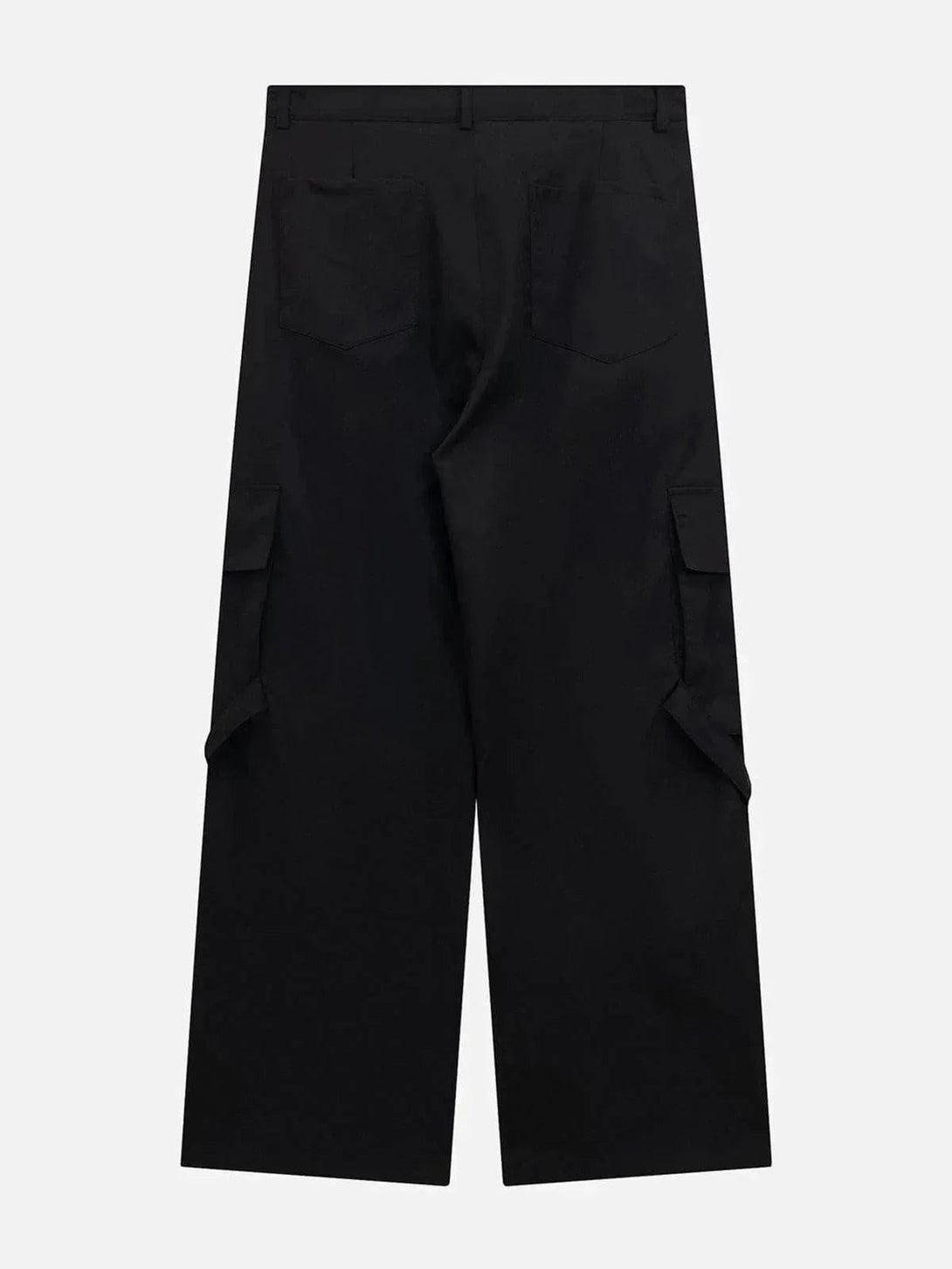 Back view of black vintage cargo pants with pockets and wide legs by TALISHKO.