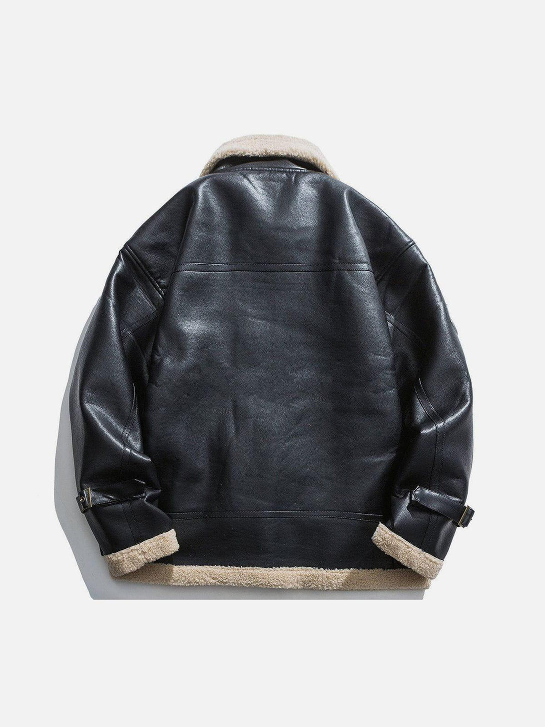 Back view of TALISHKO PU Borg jacket showcasing black leather-look material and beige lining.