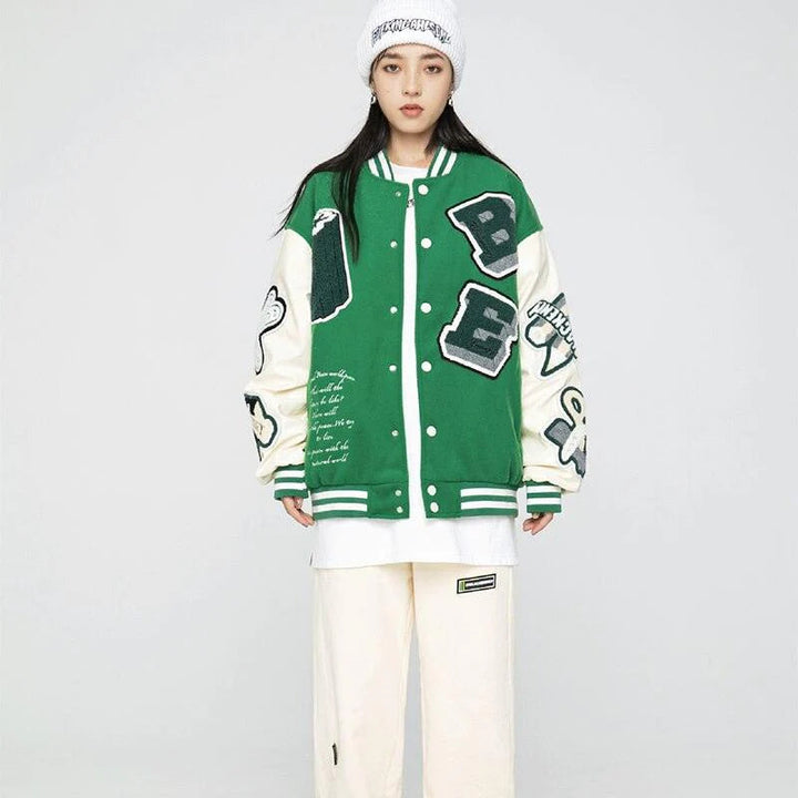 TALISHKO - BE Green Baseball Jacket - streetwear fashion, outfit ideas - talishko.com
