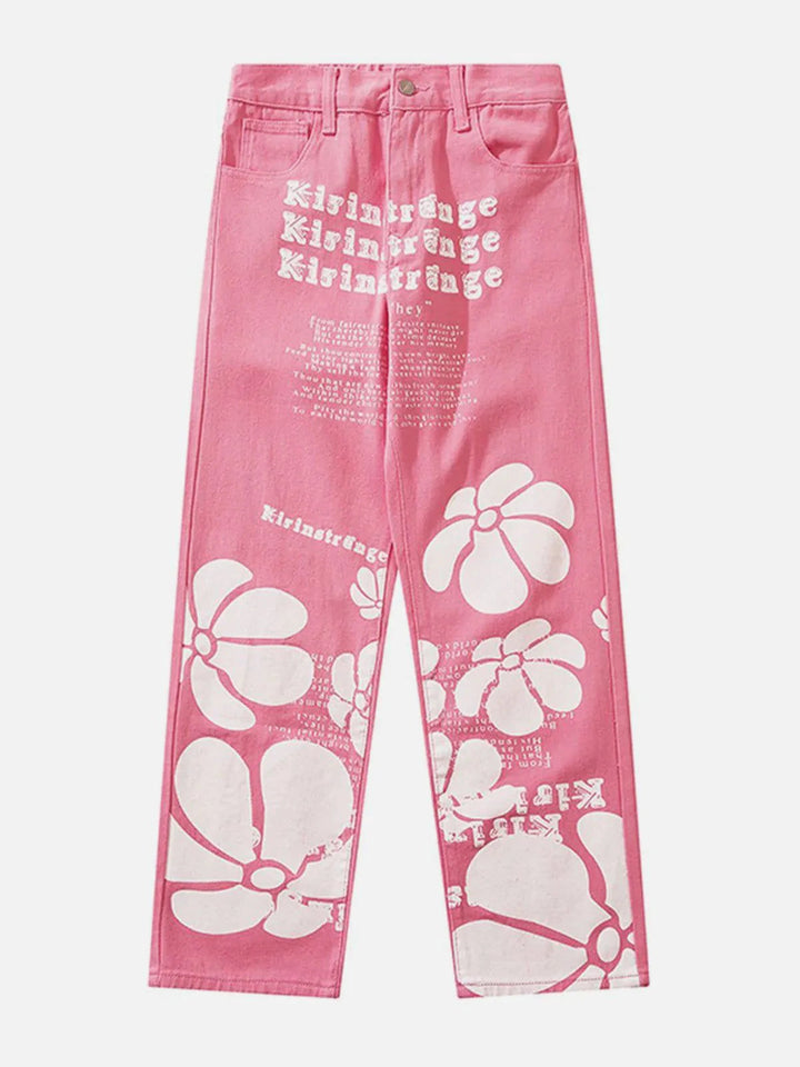 TALISHKO - Big Flower Letter Print Jeans - streetwear fashion, outfit ideas - talishko.com