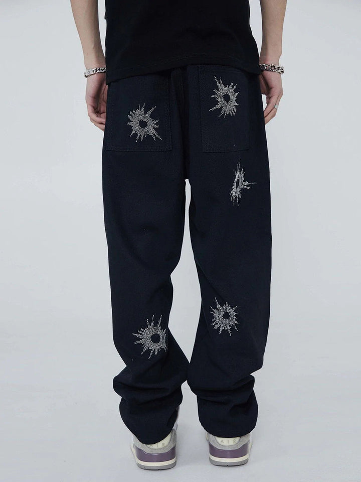 TALISHKO - Black Hole Pattern Hot Drill Jeans - streetwear fashion, outfit ideas - talishko.com