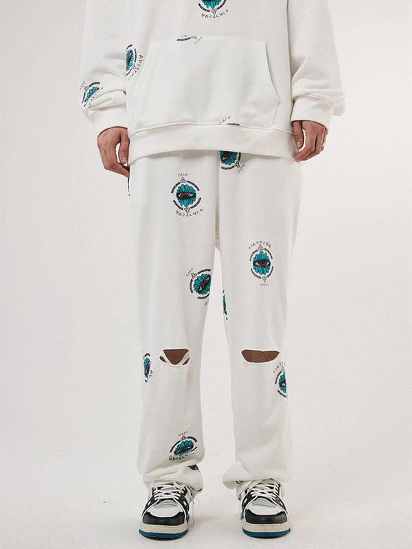 TALISHKO - Blue Eye Print Drawstring Shredded Pants - streetwear fashion, outfit ideas - talishko.com