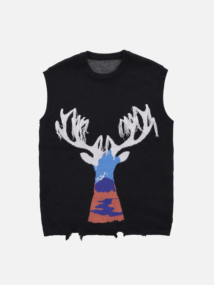 TALISHKO - Colorblocked Deer Graphic Sweater Vest - streetwear fashion, outfit ideas - talishko.com
