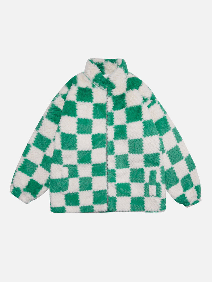 TALISHKO - Contrast Checkerboard Sherpa Coat - streetwear fashion, outfit ideas - talishko.com
