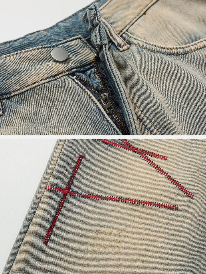 TALISHKO - Contrast Embroidered Thread Washed Jeans - streetwear fashion, outfit ideas - talishko.com