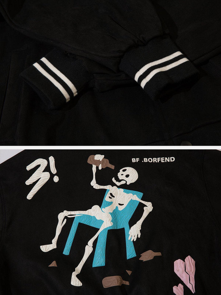 TALISHKO - Drunken Heartbroken Skeleton Print Varsity Jacket - streetwear fashion, outfit ideas - talishko.com