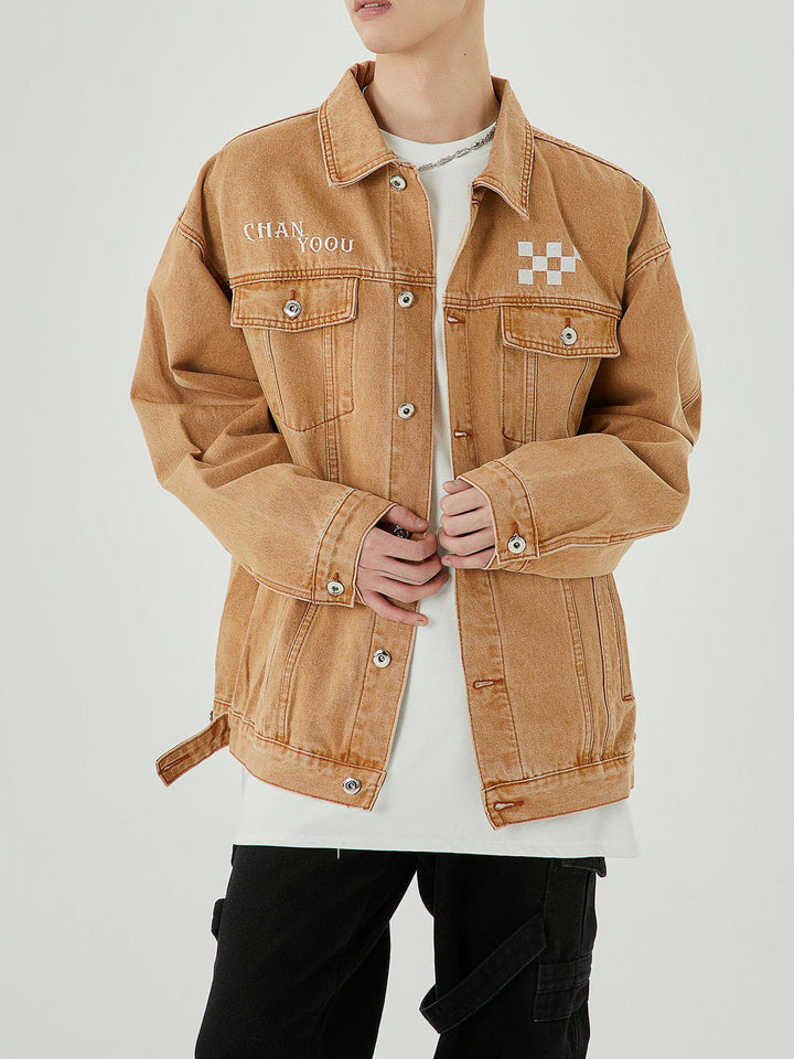 TALISHKO - Embroidered Checkerboard Denim Jacket - streetwear fashion, outfit ideas - talishko.com