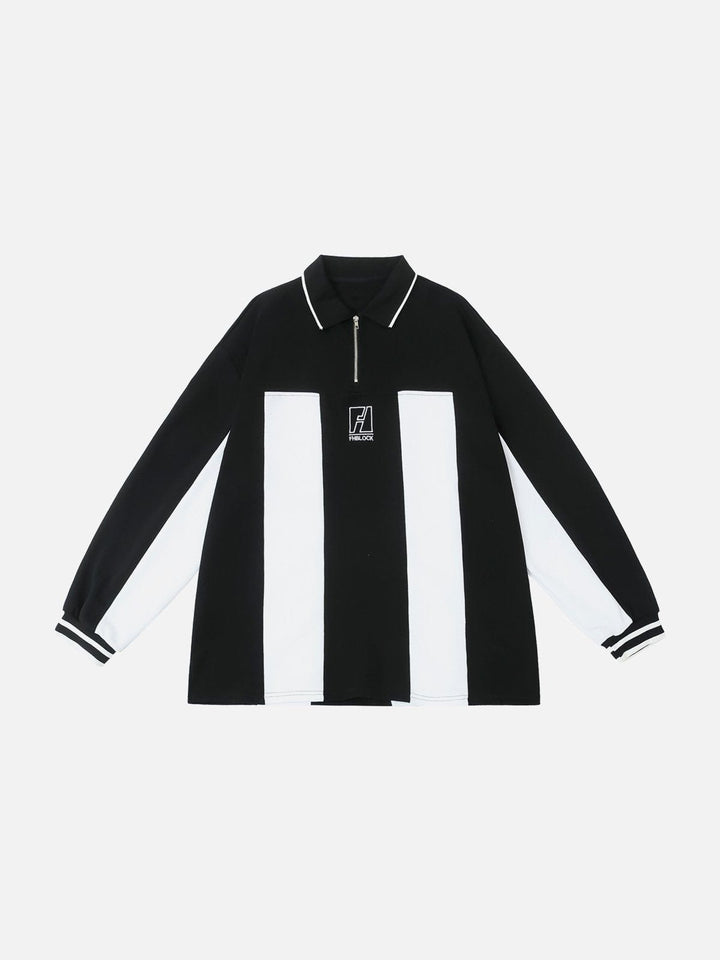 TALISHKO - Embroidered Vertical Stripe Paneled Polo Sweatshirt - streetwear fashion, outfit ideas - talishko.com