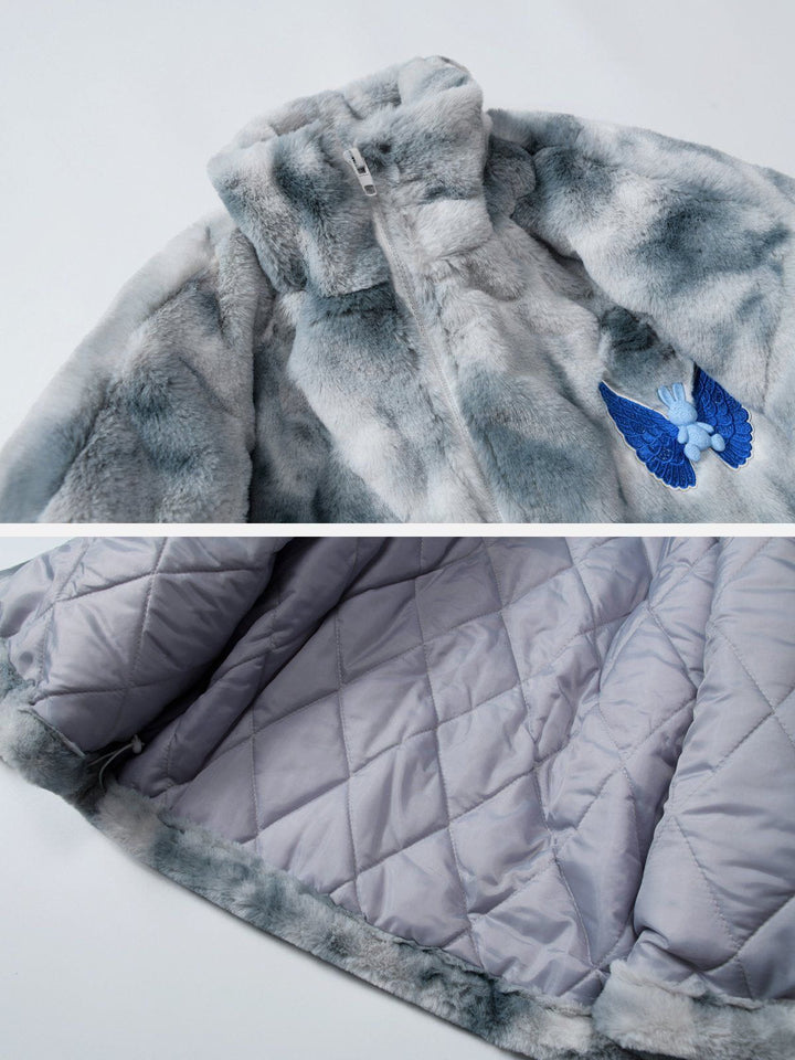 TALISHKO - Embroidered Wings Bunny Label Tie Dye Sherpa Coat - streetwear fashion, outfit ideas - talishko.com