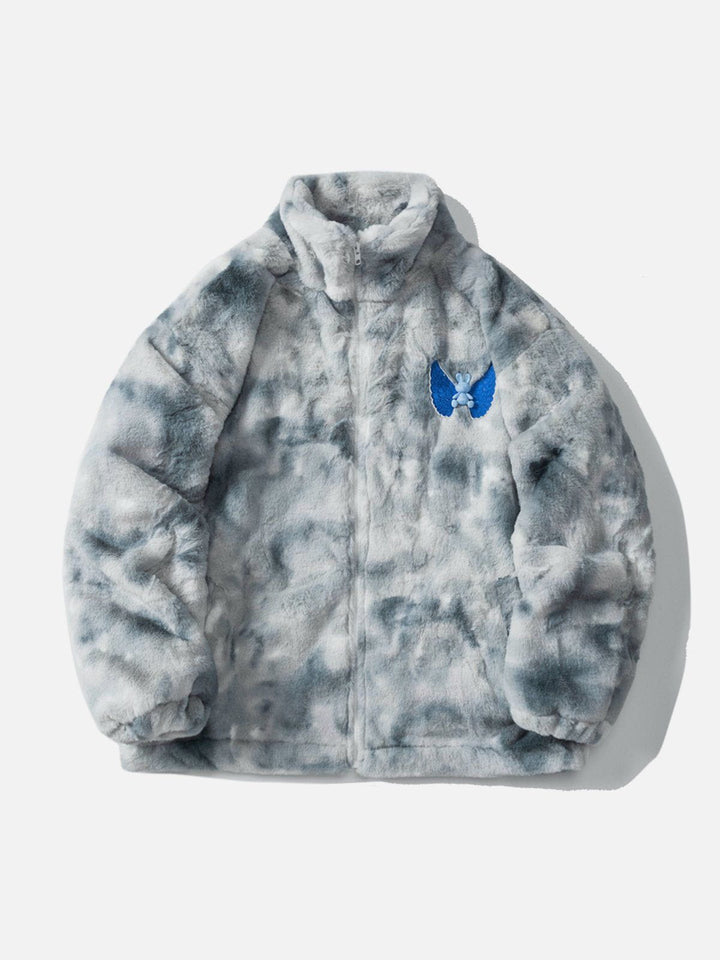 TALISHKO - Embroidered Wings Bunny Label Tie Dye Sherpa Coat - streetwear fashion, outfit ideas - talishko.com