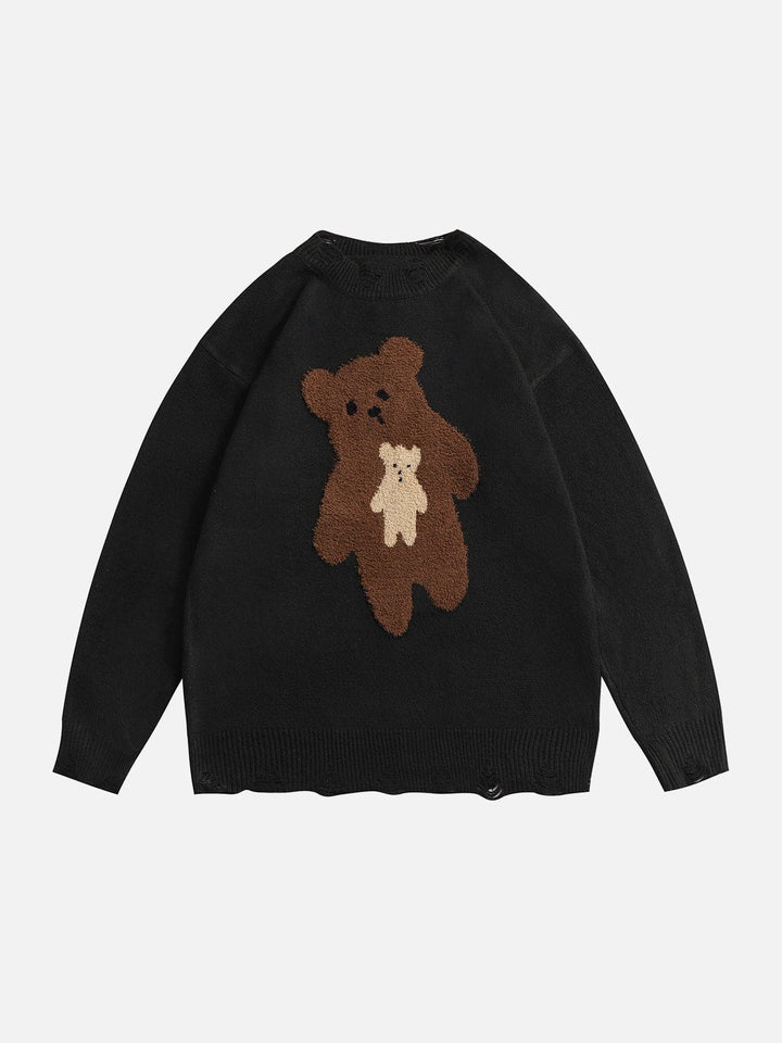 TALISHKO - Flocked Bear Raw Edge Sweater - streetwear fashion, outfit ideas - talishko.com