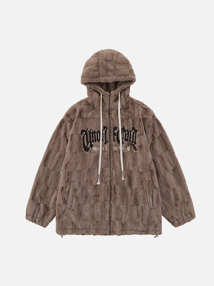 TALISHKO - Flocked Letters Sherpa Coat - streetwear fashion, outfit ideas - talishko.com