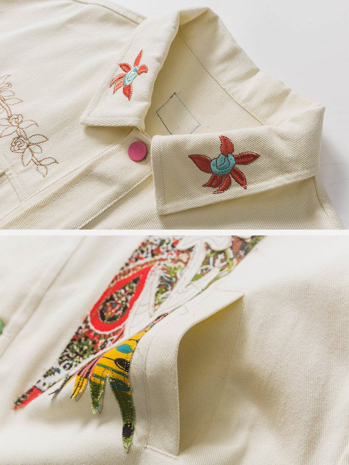 TALISHKO - Flower Patchwork Embroidery Denim Jacket - streetwear fashion, outfit ideas - talishko.com