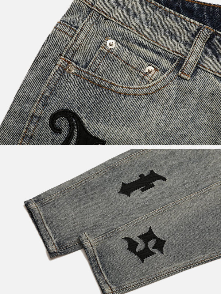 TALISHKO - Gothic Alphabet Patch Embroidered Jeans - streetwear fashion, outfit ideas - talishko.com