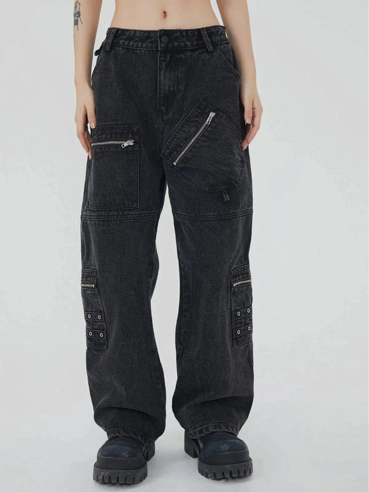 TALISHKO - Irregular Pocket Washed Jeans - streetwear fashion, outfit ideas - talishko.com