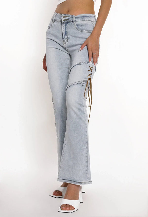 TALISHKO - Irregular Strap Flared Jeans - streetwear fashion, outfit ideas - talishko.com