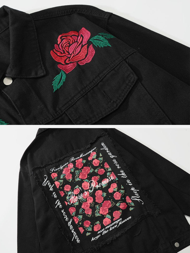 TALISHKO - Letter Rose Button Denim Jacket - streetwear fashion, outfit ideas - talishko.com