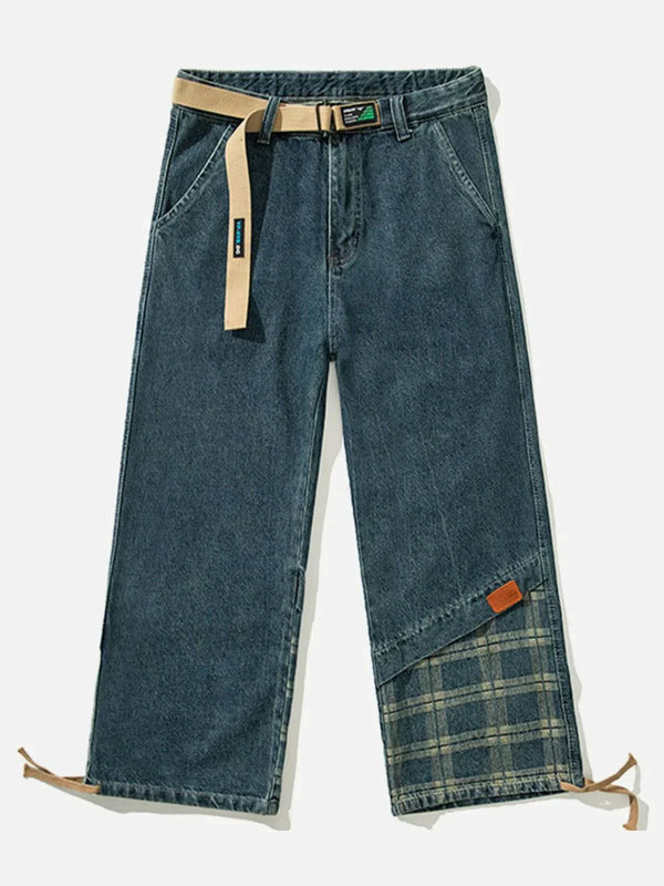 TALISHKO - Panelled Plaid Belt Embellished Jeans - streetwear fashion, outfit ideas - talishko.com
