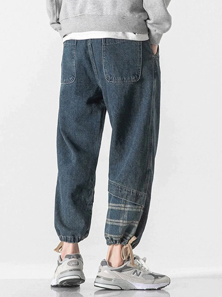 TALISHKO - Panelled Plaid Belt Embellished Jeans - streetwear fashion, outfit ideas - talishko.com