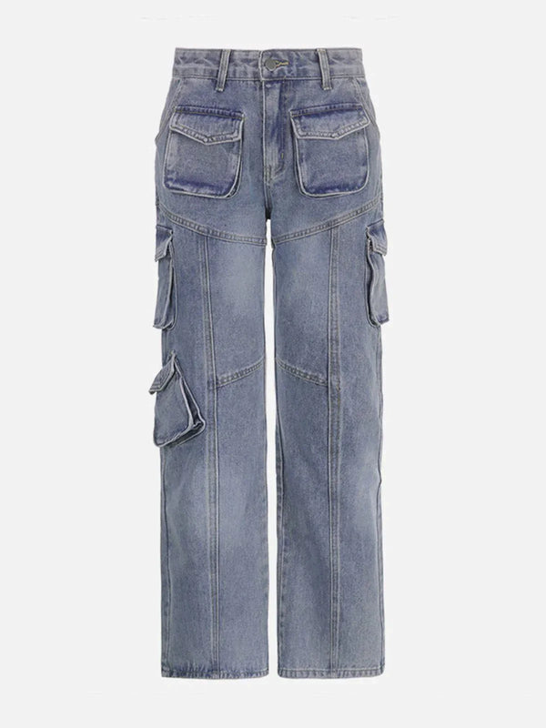 TALISHKO - Pocket Patchwork High Rise Straight Leg Jeans - streetwear fashion, outfit ideas - talishko.com