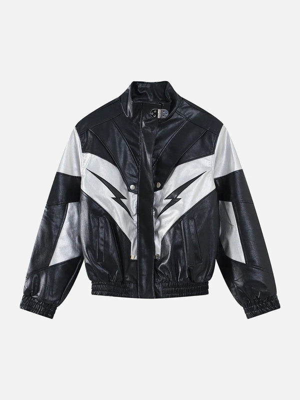 TALISHKO -  Racing Contrast Panel Lightning Leather Jacket - streetwear fashion, outfit ideas - talishko.com