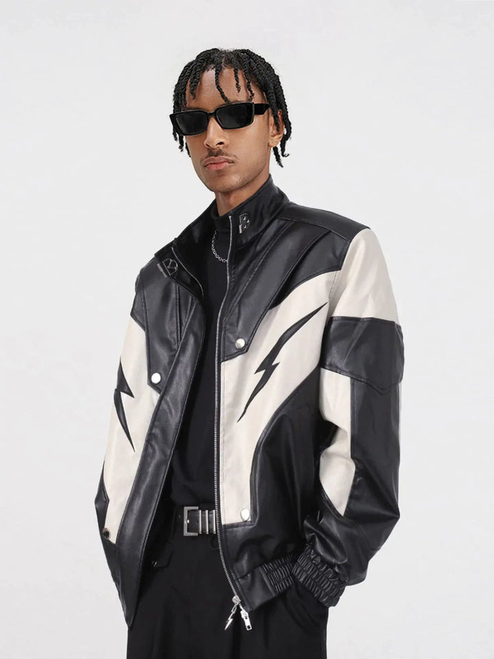 TALISHKO - Racing Contrast Panel Lightning Leather Jacket
