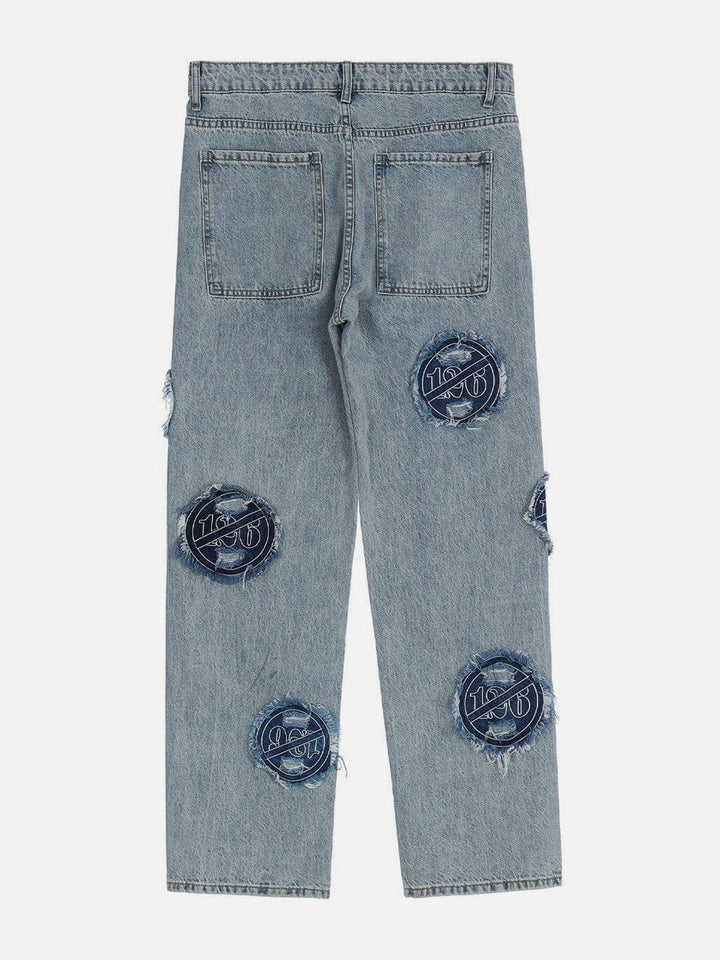 TALISHKO - Ripped Hole Prohibit Patchwork Embroidery Jeans - streetwear fashion, outfit ideas - talishko.com