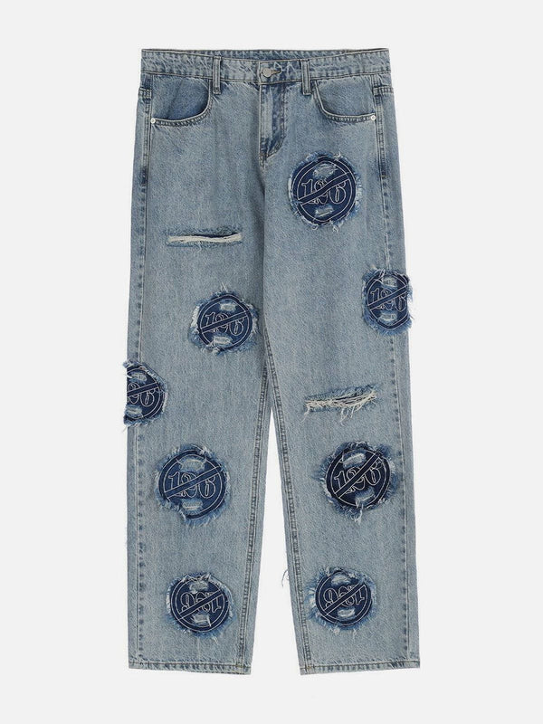 TALISHKO - Ripped Hole Prohibit Patchwork Embroidery Jeans - streetwear fashion, outfit ideas - talishko.com