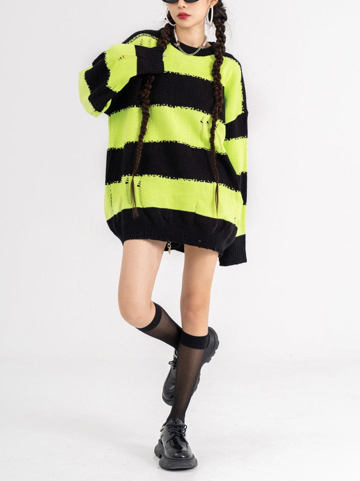 TALISHKO - Ripped Stripes Jacquard Knit Sweater - streetwear fashion, outfit ideas - talishko.com