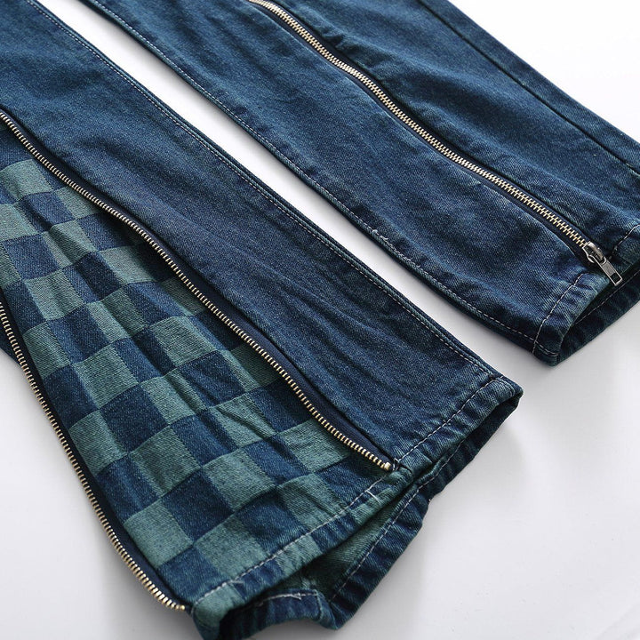 TALISHKO™ - Side Leg Zip Checkerboard Jeans streetwear fashion - talishko.com