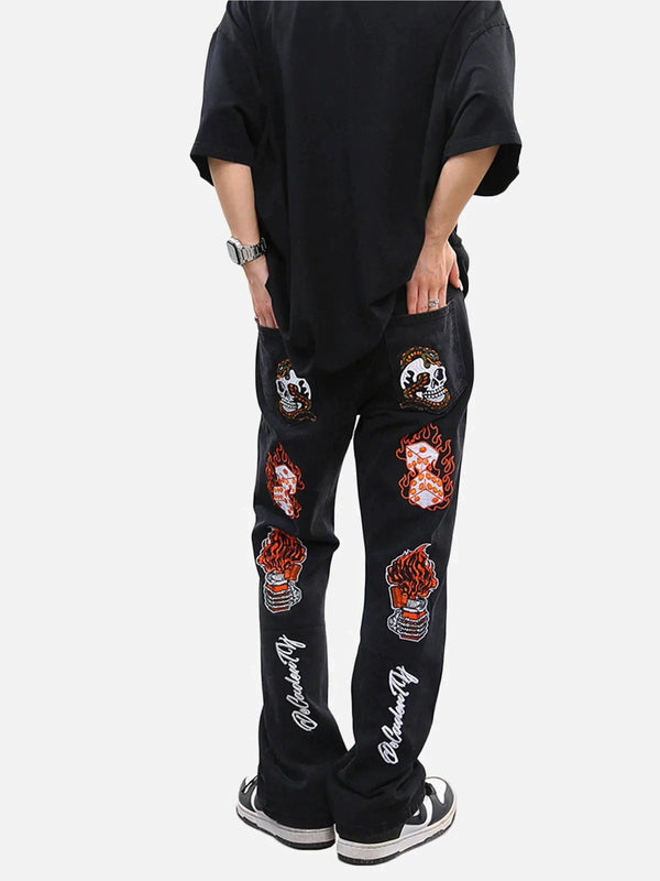 TALISHKO - Skull Embroidered Print Jeans - streetwear fashion, outfit ideas - talishko.com