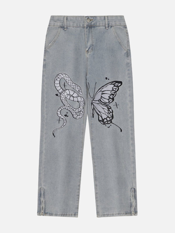 TALISHKO - Snake and Butterfly Embroidered Jeans - streetwear fashion, outfit ideas - talishko.com