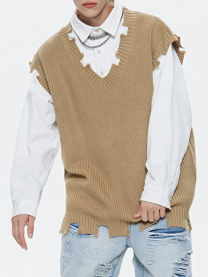 TALISHKO - Solid Color Edge Breakage Sweater Vest - streetwear fashion, outfit ideas - talishko.com