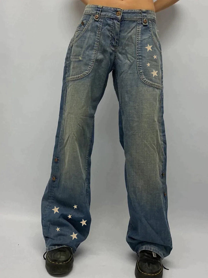 TALISHKO - Star Print Low Rise Straight Leg Jeans - streetwear fashion, outfit ideas - talishko.com