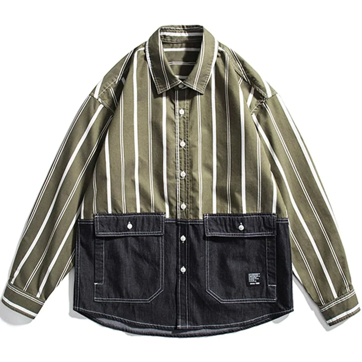 TALISHKO - Stripe Splicing Denim Long-sleeved Shirt - streetwear fashion, outfit ideas - talishko.com