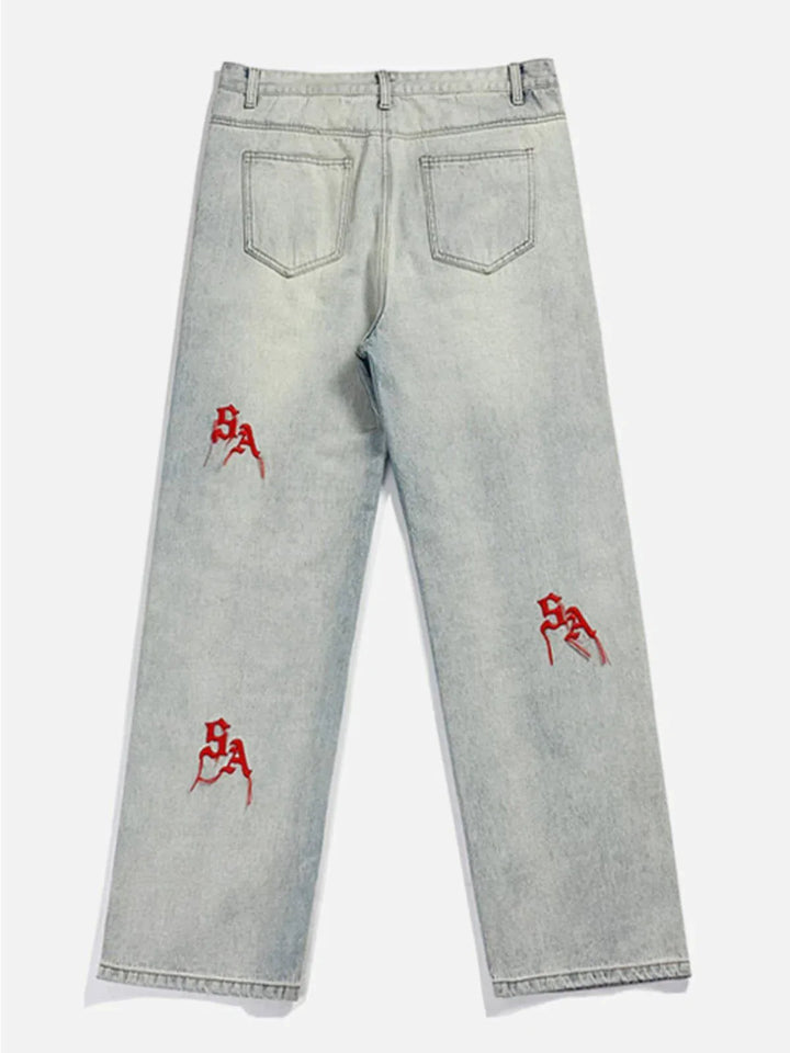 TALISHKO - Three-Dimensional Embroidery Letters Jeans - streetwear fashion, outfit ideas - talishko.com