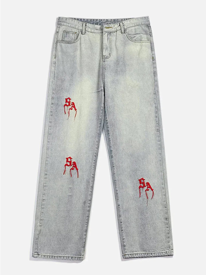 TALISHKO - Three-Dimensional Embroidery Letters Jeans - streetwear fashion, outfit ideas - talishko.com