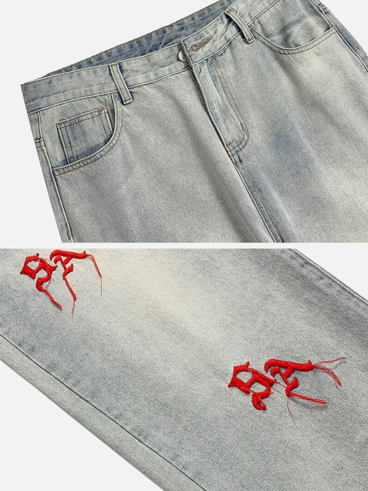 TALISHKO - Three-Dimensional Embroidery Letters Jeans - streetwear fashion, outfit ideas - talishko.com