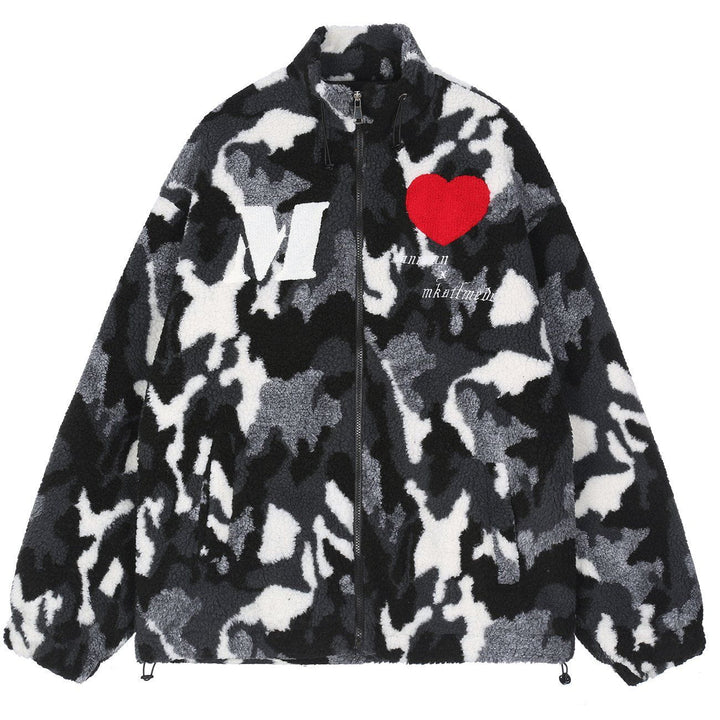 TALISHKO™ - Vintage Camouflage Love Embroidery Sherpa Coat streetwear fashion - talishko.com
