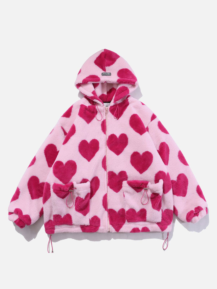 TALISHKO - Vintage Heart Pattern Oversize Sherpa Coat - streetwear fashion, outfit ideas - talishko.com