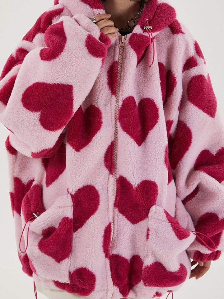 TALISHKO - Vintage Heart Pattern Oversize Sherpa Coat - streetwear fashion, outfit ideas - talishko.com