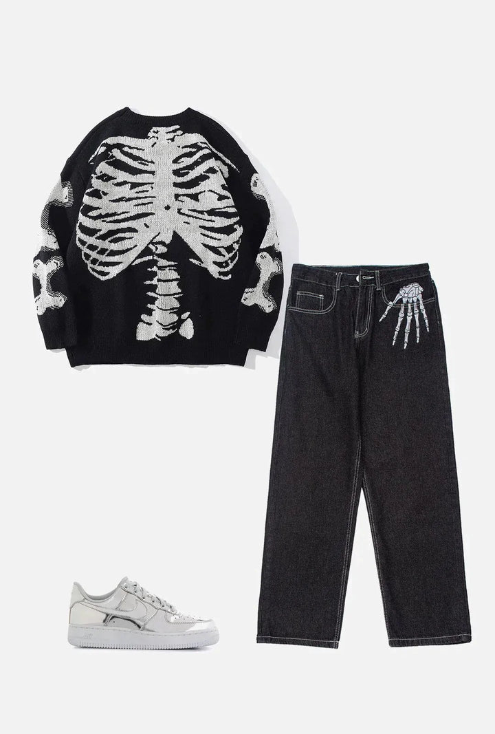 TALISHKO - Vintage Skull Bone Embroidery Jeans - streetwear fashion, outfit ideas - talishko.com
