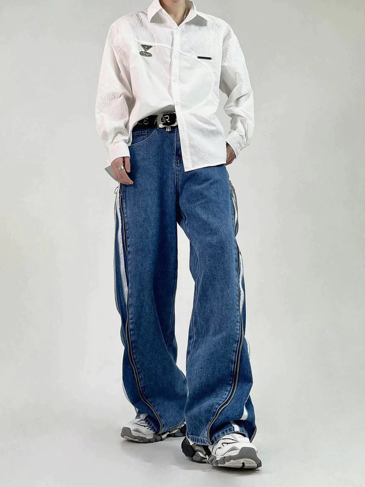 TALISHKO - Zip Up Stripe Jeans - streetwear fashion, outfit ideas - talishko.com