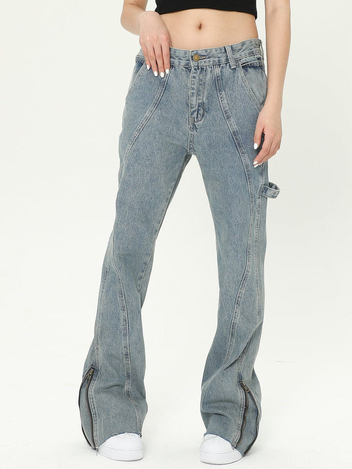 TALISHKO - Zip-up Vintage Wash Flared Jeans - streetwear fashion, outfit ideas - talishko.com